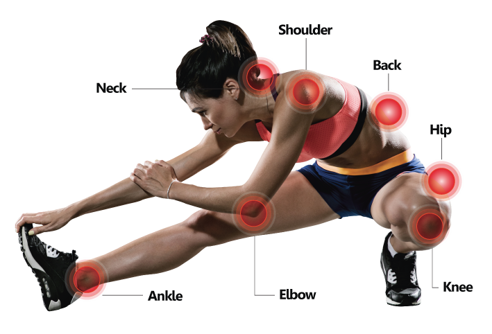 A female runner stretching for a run and there are small circles on her joints that show possible areas of discomfort that she may later feel if she does not do proper stretching or she might feel discomfort later in these joint areas during her run which will need the help of a professional chiropractor and physiotherapist to help her with joint discomfort.