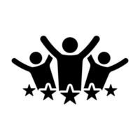 A silhouette vector icon showing three human figures raising their hands and 5 stars at the bottom which means that people who visit the Chiropractor are happy and that they accept adults and seniors as customers.